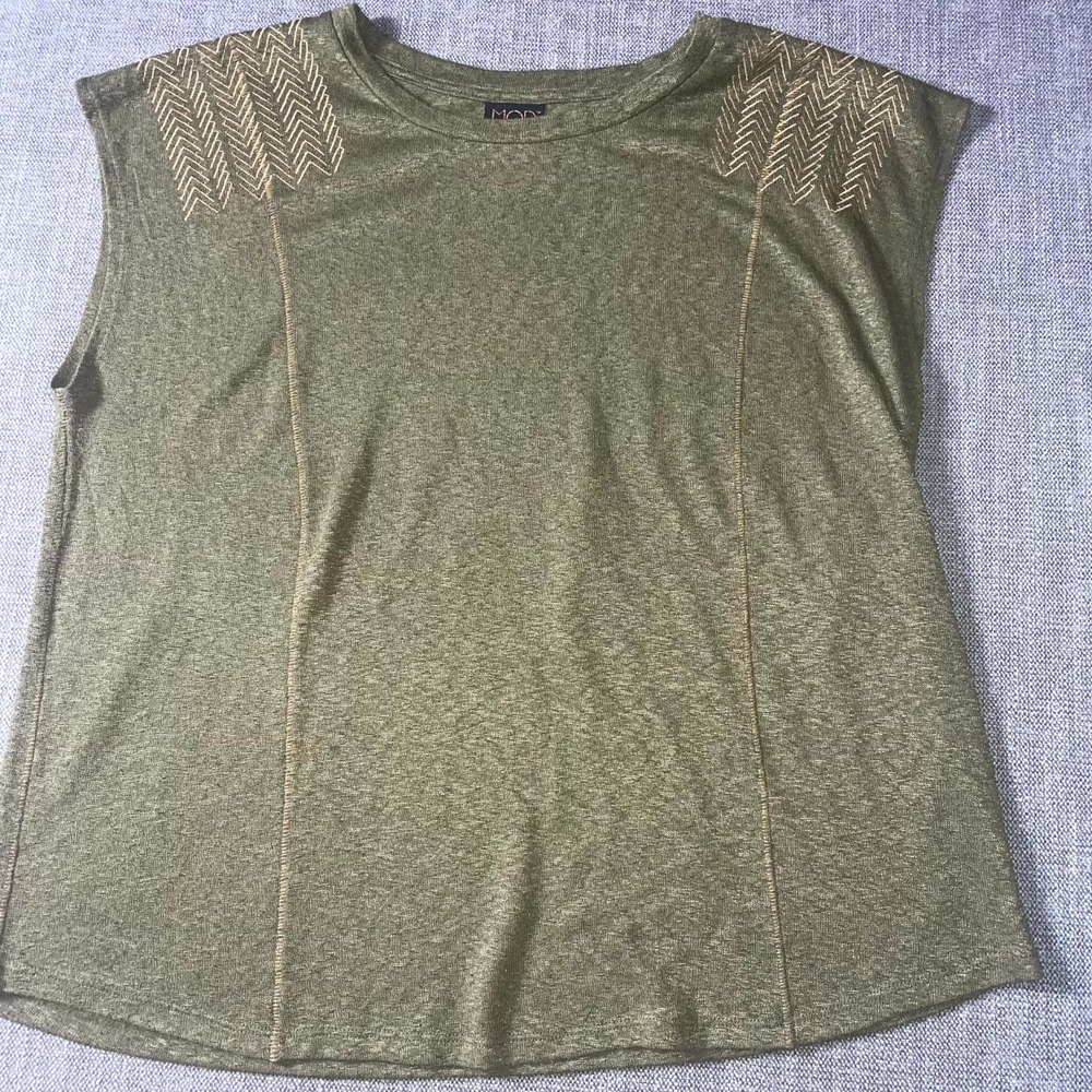 Mod‎ Lusive Blouse Top Womens XL Olive Green Embroidered Shoulder Detail Casual